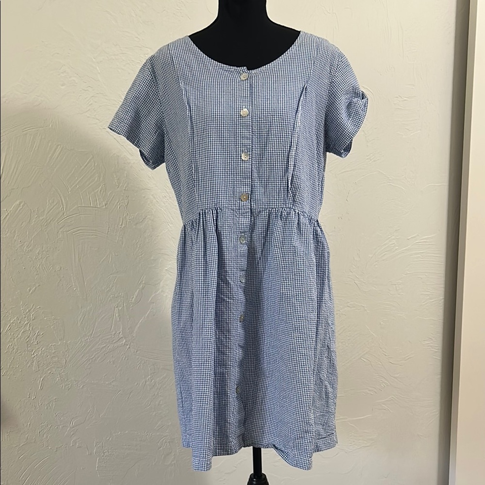 Blue Gingham Cotton Button-Down Dress